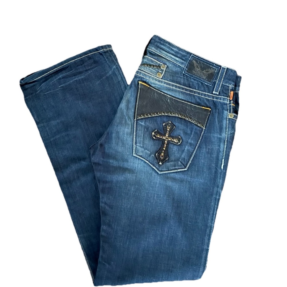 Robin’s Jean Men’s Bootcut Studded Jeans Leather Cross Size 36
